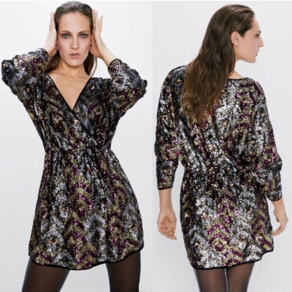 Zara ✨✨✨ Multi-colored Sequin Wrap Dress - Sz M - NWT - Picture 3 of 6